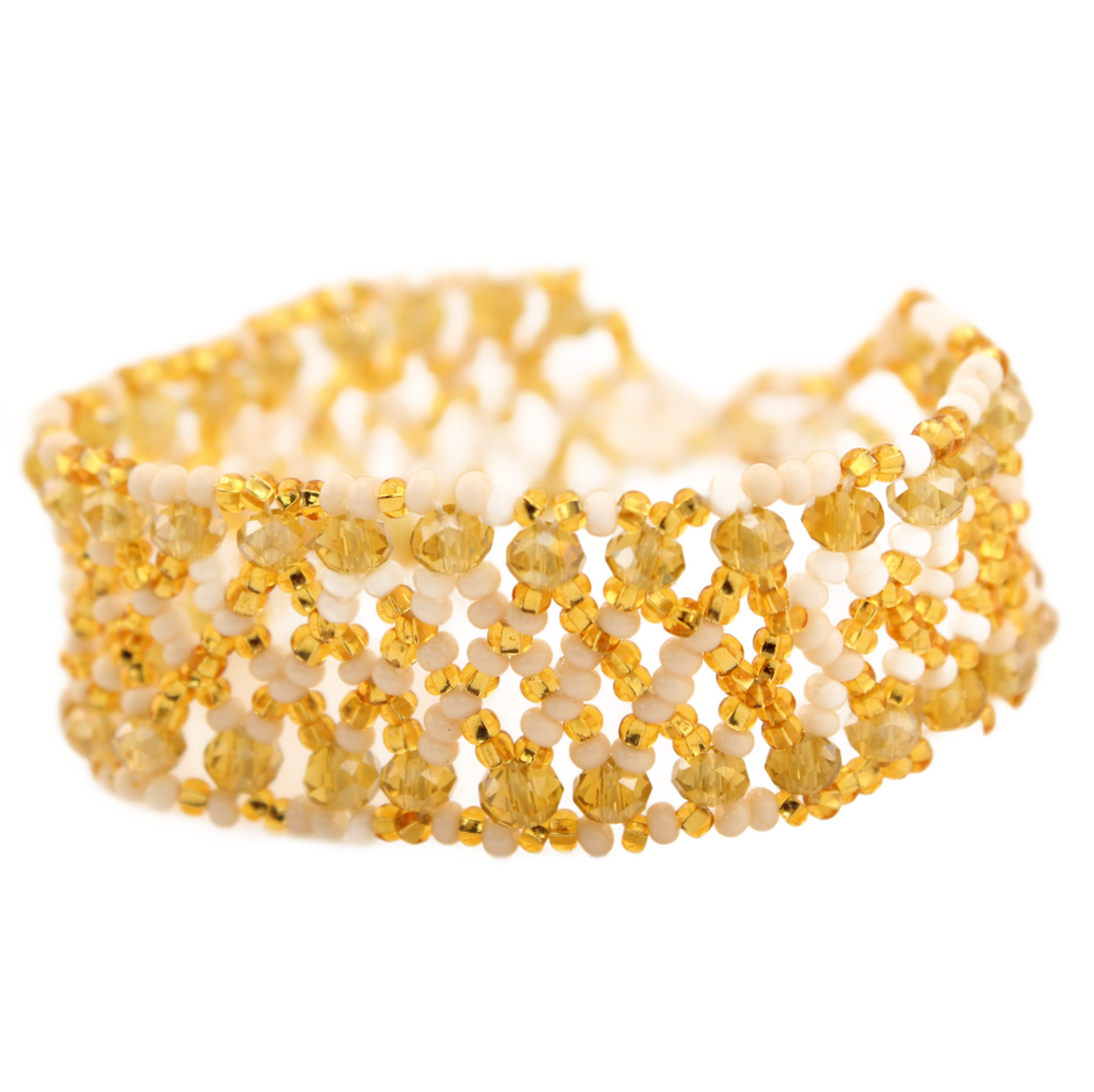Amor Huichol - Beaded Rhombus Bracelet - White and Gold - Small - 8 In