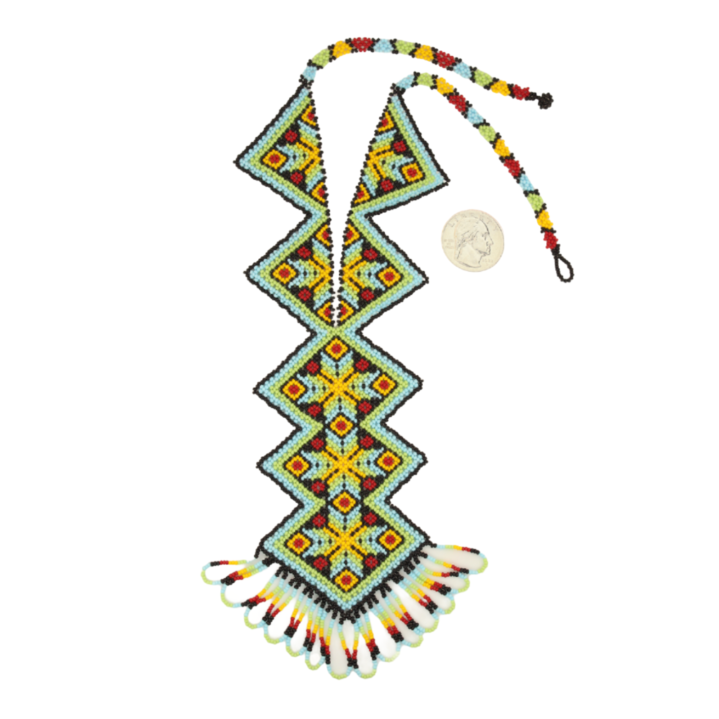 Amor Huichol - Beaded Rhombus Necklace - Blue and Yellow - Extra Large