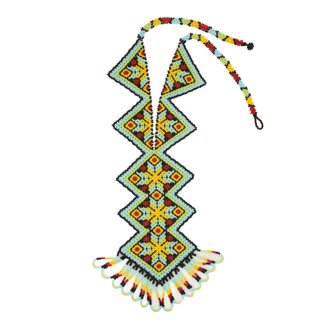 Amor Huichol - Beaded Rhombus Necklace - Blue and Yellow - Extra Large