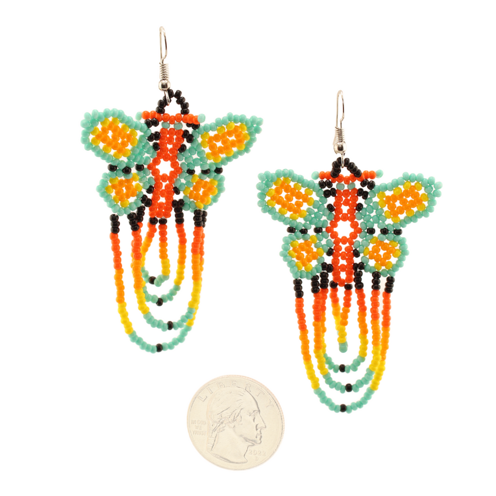 Amor Huichol - Butterfly Bead Dangle Earrings - Green and Orange