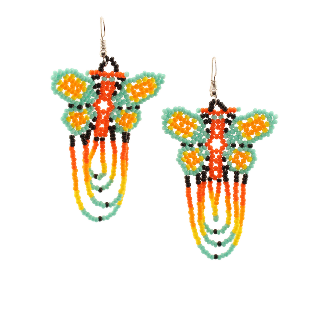 Amor Huichol - Butterfly Bead Dangle Earrings - Green and Orange