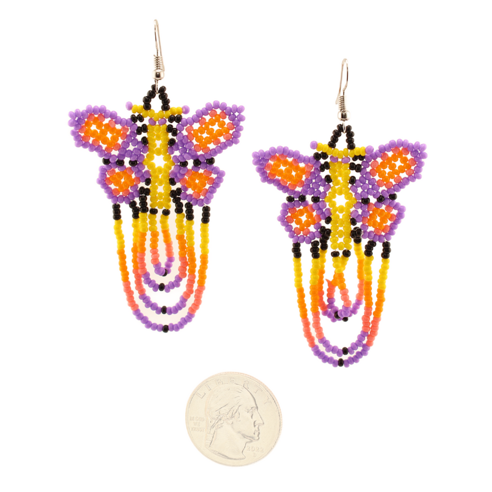 Amor Huichol - Butterfly Bead Dangle Earrings - Purple and Yellow