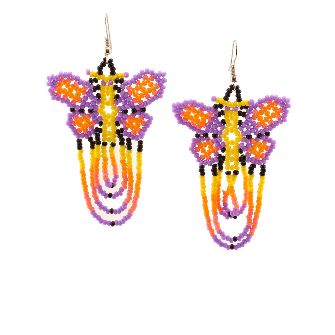 Amor Huichol - Butterfly Bead Dangle Earrings - Purple and Yellow