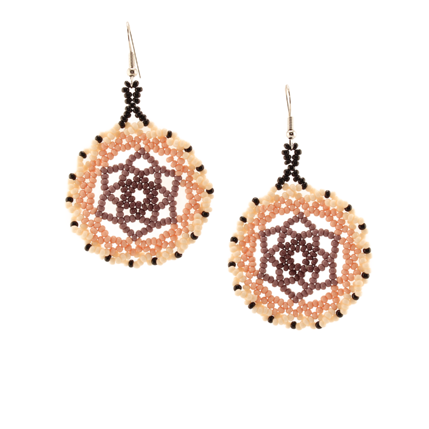 Amor Huichol - Dreamcatcher Bead Dangle Earrings - Purple and White