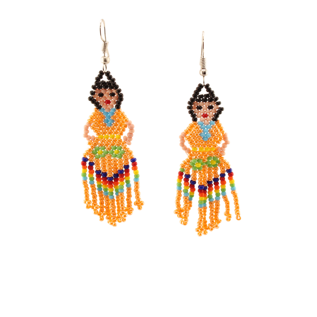 Amor Huichol - Lele Bead Dangle Earrings  -  Orange and Blue