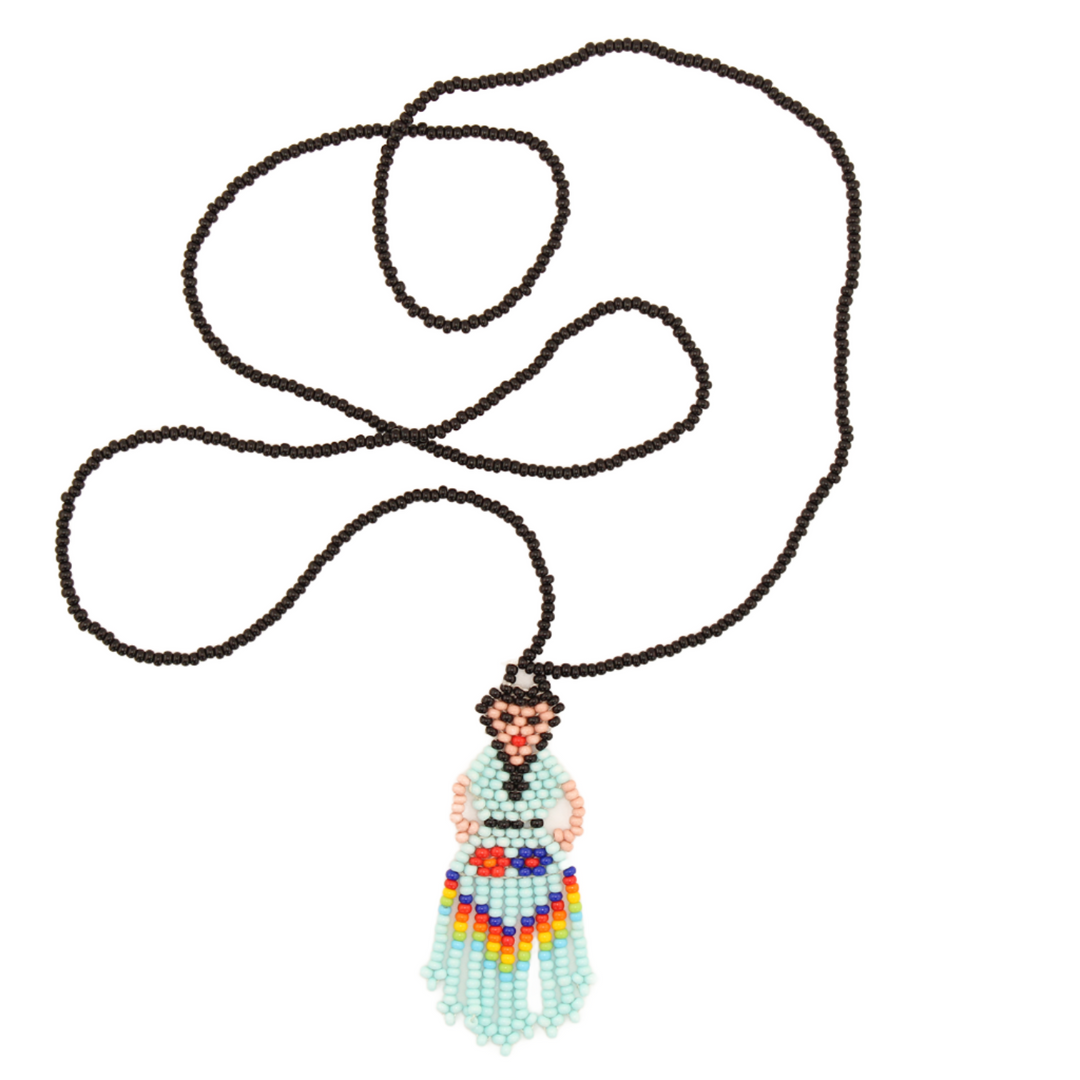 Amor Huichol - Lele Doll Bead Necklace - Light Blue and Multicolored