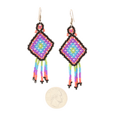 Amor Huichol - Rhombus Bead Dangle Earrings - Pink and Blue