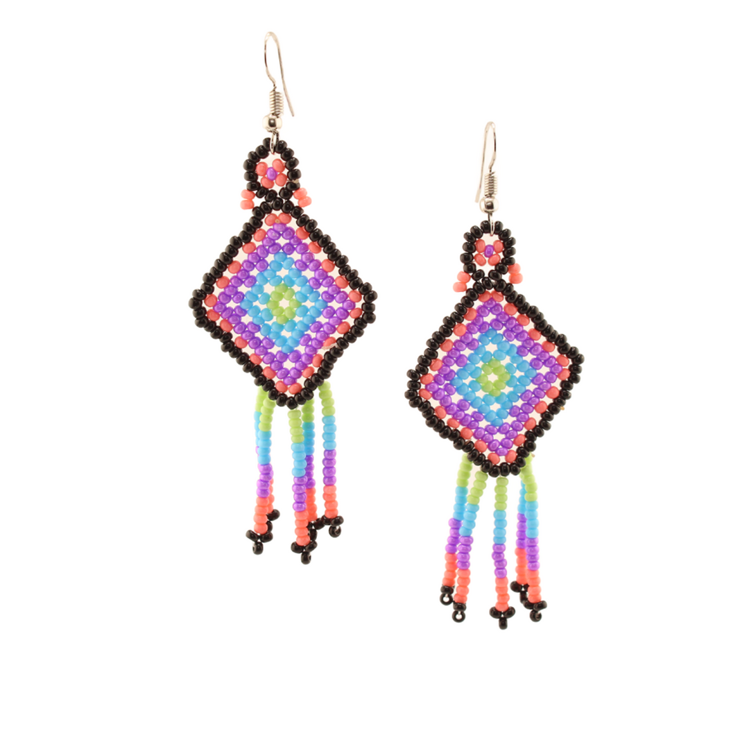 Amor Huichol - Rhombus Bead Dangle Earrings - Pink and Blue