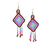 Amor Huichol - Rhombus Bead Dangle Earrings - Pink and Blue