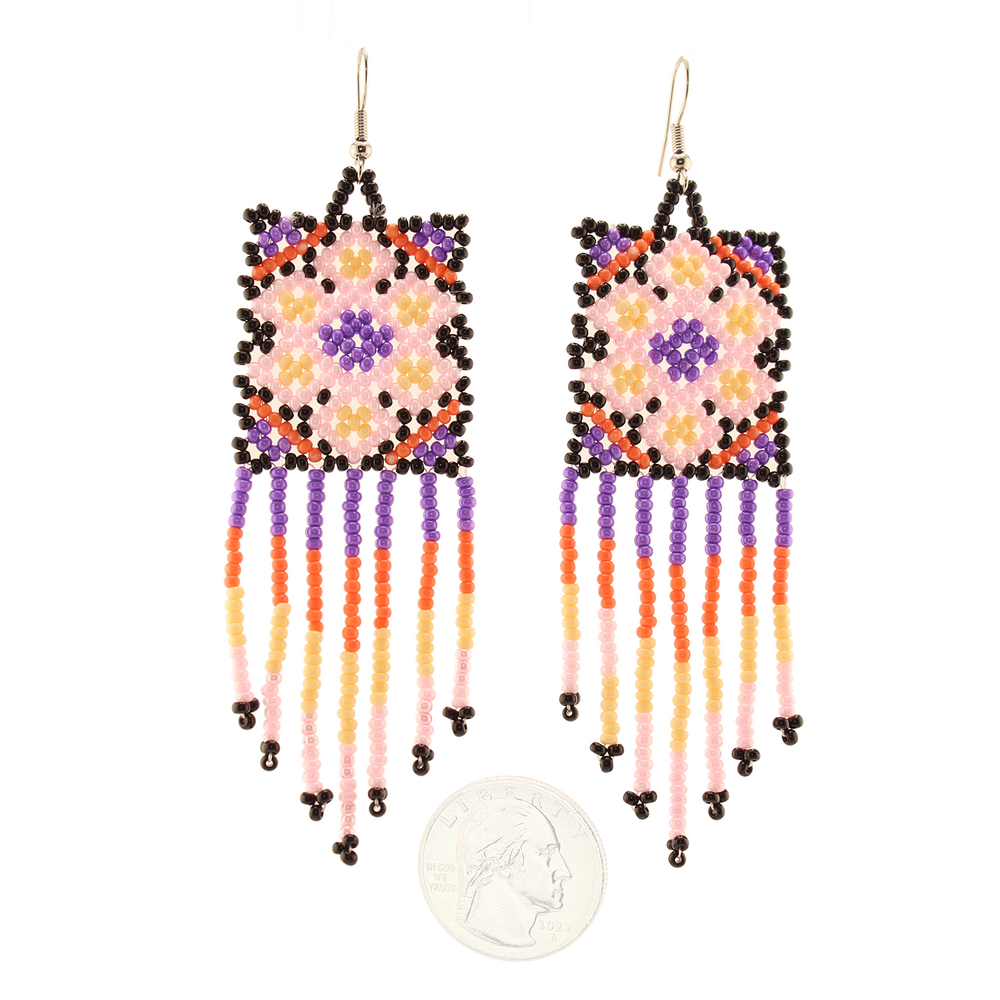 Amor Huichol - Square - Bead Dangle Earrings - Purple and Pink
