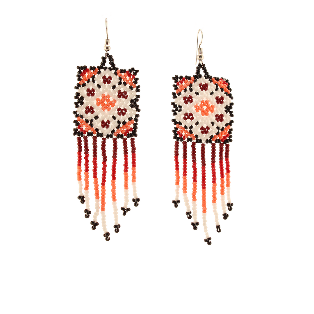 Amor Huichol - Square - Bead Dangle Earrings - Red and White