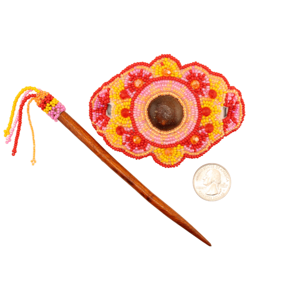 Amor Huichol - Wood and Beads Hair Clip - Red and Yellow