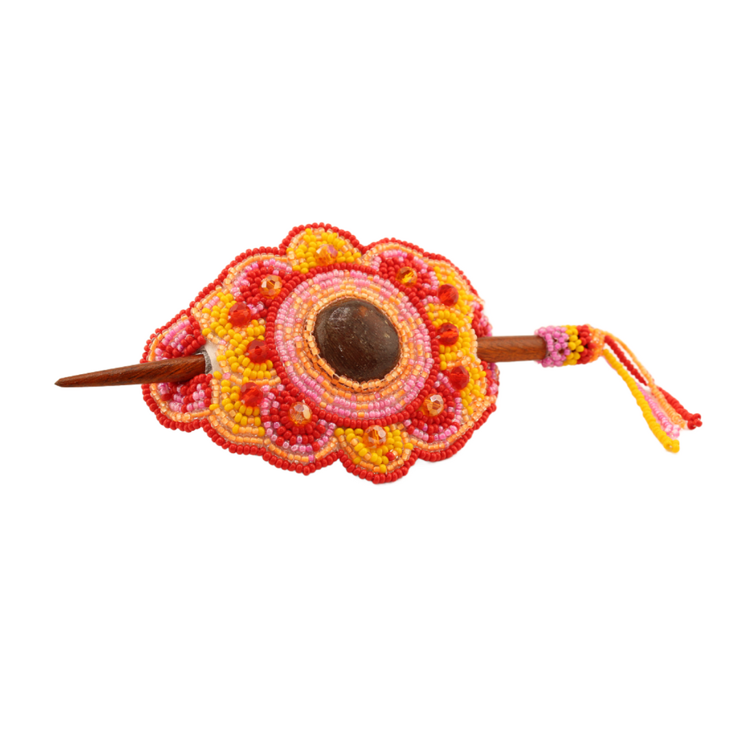 Amor Huichol - Wood and Beads Hair Clip - Red and Yellow