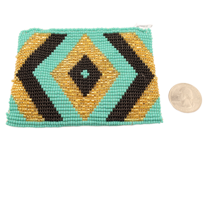 Amor Huichol Pouch  - Rhombus Gold and Green - 4.25 In. x 3 In.