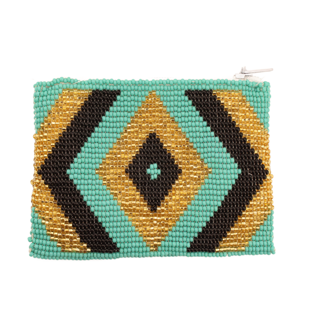 Amor Huichol Pouch  - Rhombus Gold and Green - 4.25 In. x 3 In.