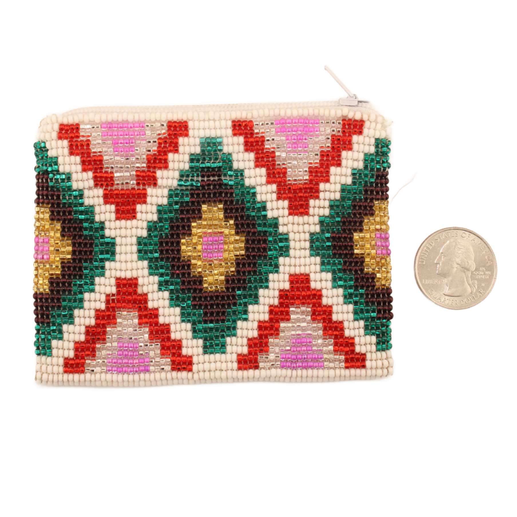 AmorHuicholPouch-RhombusWhiteandGreen-4.25in.x3in.