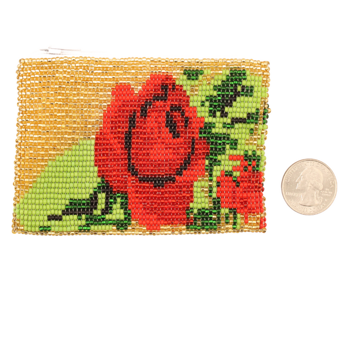 Amor Huichol Pouch - Rose Gold and Red - 4.25 in. x 3 In.