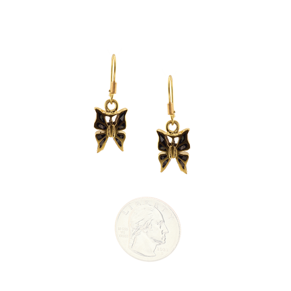 Bronze - Butterfly - Abalone Mother of Pearl Dangle Earrings - Black