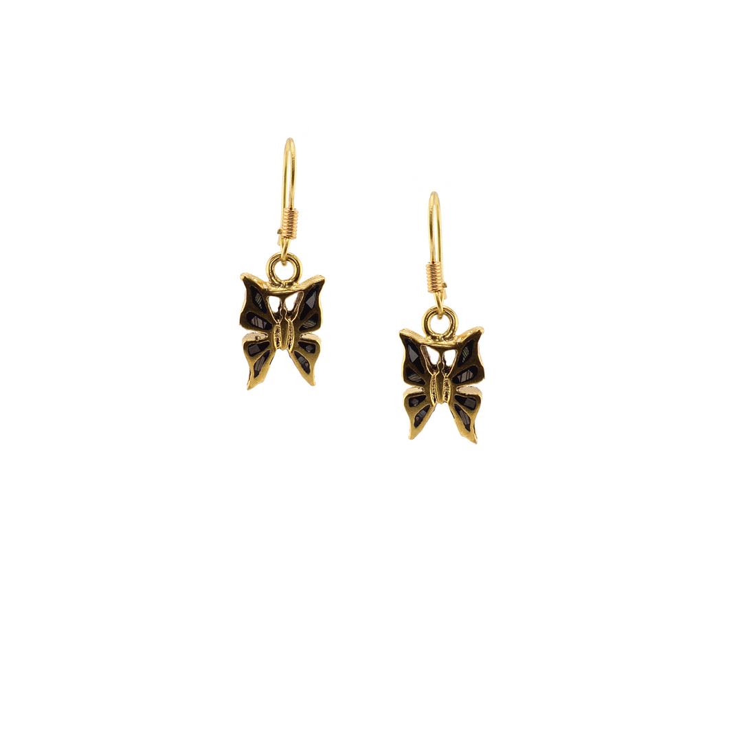 Bronze - Butterfly - Abalone Mother of Pearl Dangle Earrings - Black