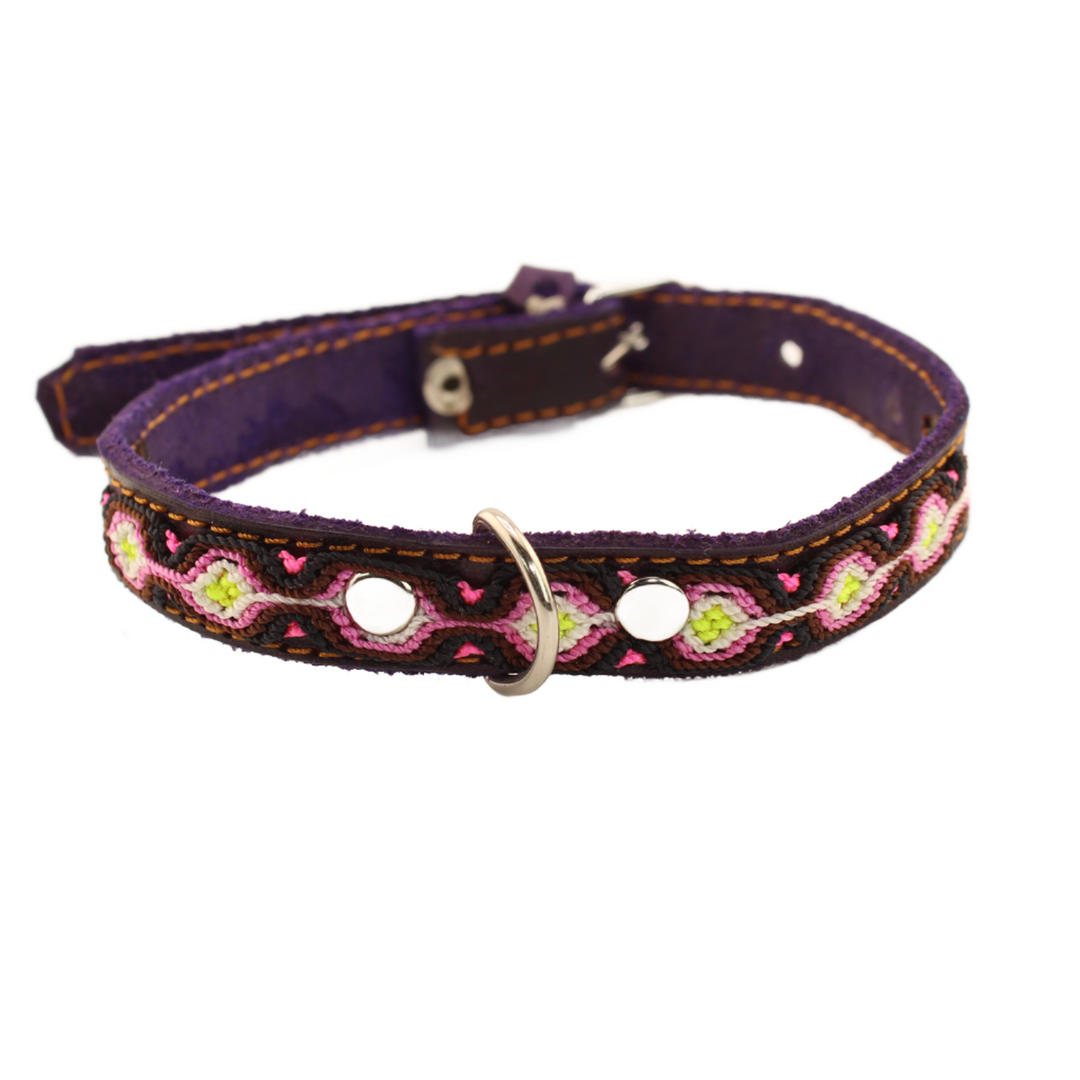 Knitted Leather Dog Collar - Purple Pink and White