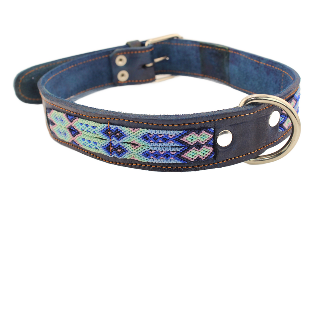 Caribbean - Knitted Leather Dog Collar - Blue and Green