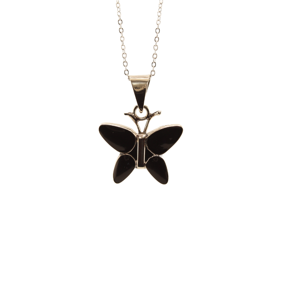 Carlota - Enameled Butterfly Pendant With Chain - Black