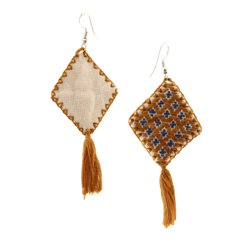 Chiapas - Rhombus Embroidery Dangle Earrings  -  Brown and Blue