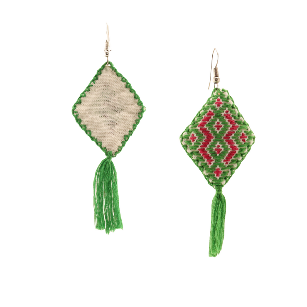 Chiapas - Rhombus Embroidery Dangle Earrings - Green and Fuchsia