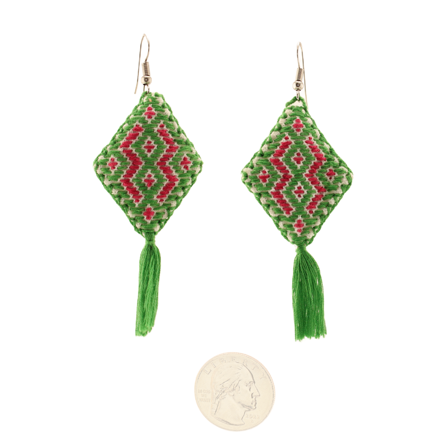 Chiapas - Rhombus Embroidery Dangle Earrings - Green and Fuchsia