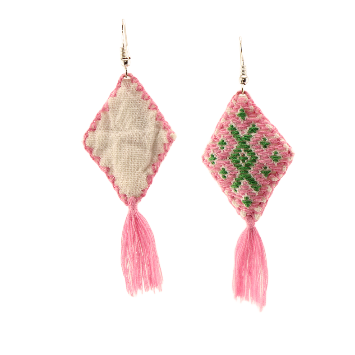 Chiapas-RhombusEmbroideryDangleEarrings-GreenandPink