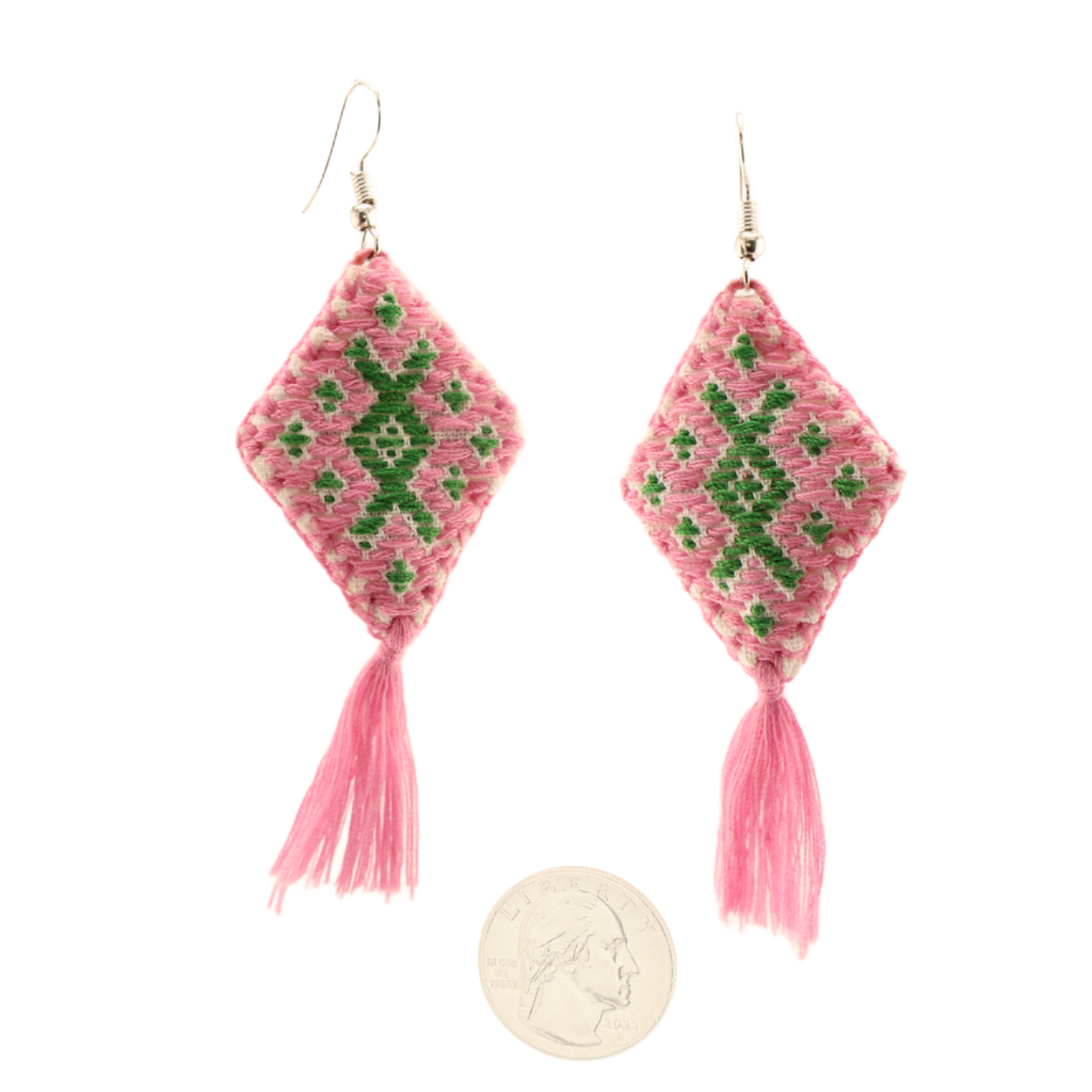 Chiapas-RhombusEmbroideryDangleEarrings-GreenandPink