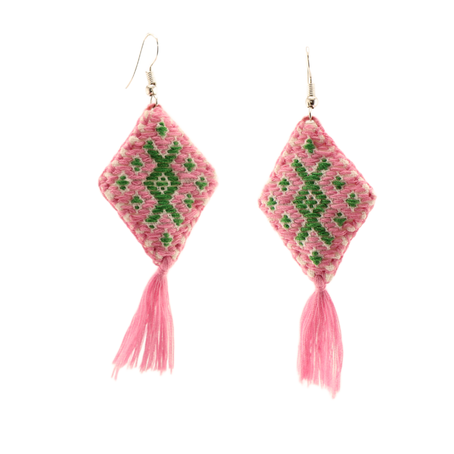 Chiapas-RhombusEmbroideryDangleEarrings-GreenandPink