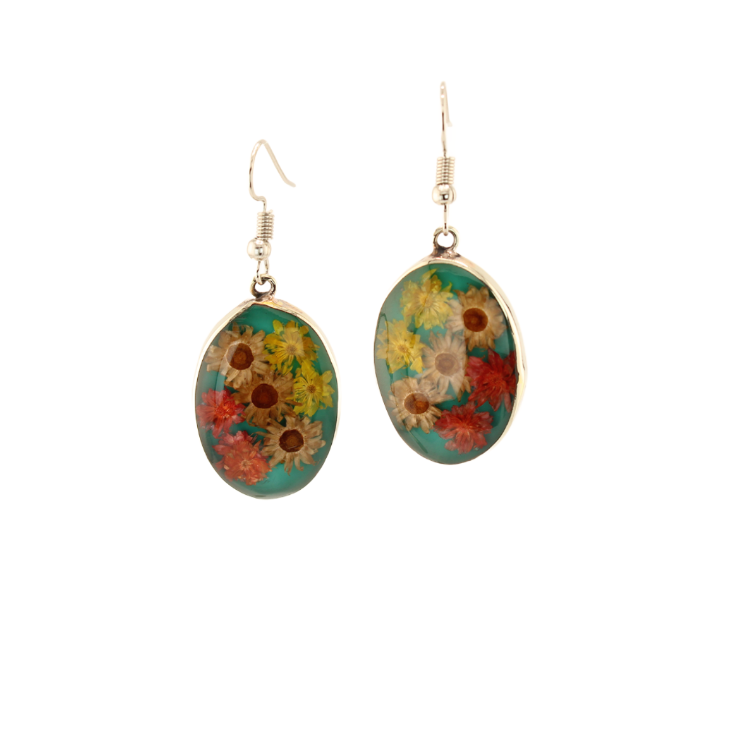 Eternal Nature -  Real Flowers -  Dangle Earrings - Oval - Blue Orange Yellow -  Large