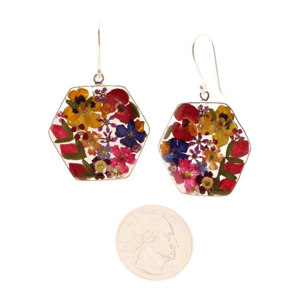 Enchanted Garden - Real Flowers - Dangle Earrings - Hexagon - Multicolor