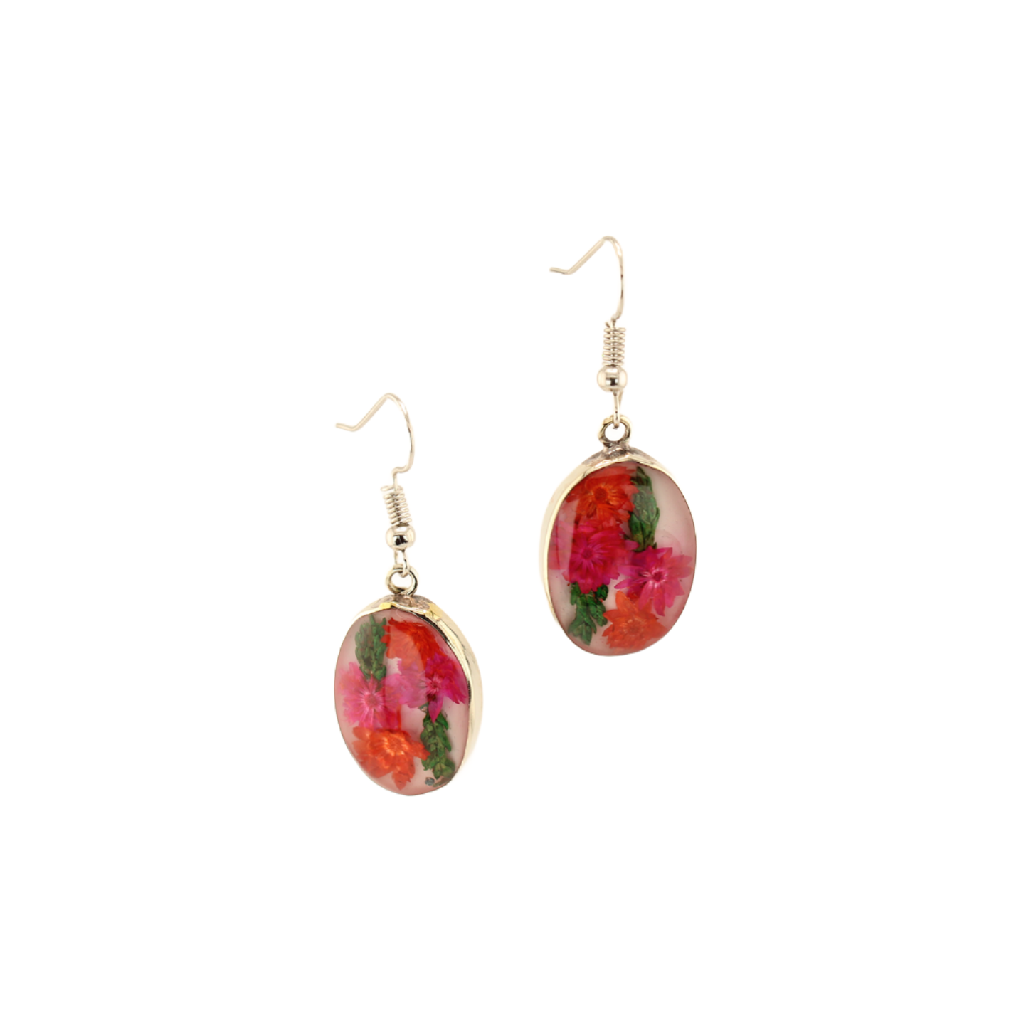 Eternal Nature -  Real Flowers -  Earrings - Oval - White Hot Pink and Orange - Small