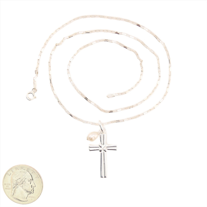 Everlasting Love - Sterling Silver - Cross Pendant With Pearl and Chain - 19 in.