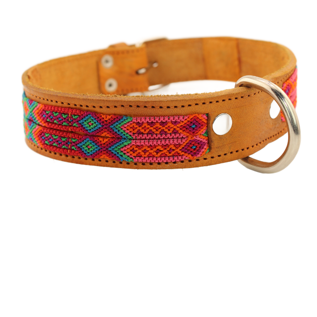Festive - Knitted Leather Dog Collar - Orange and Pink