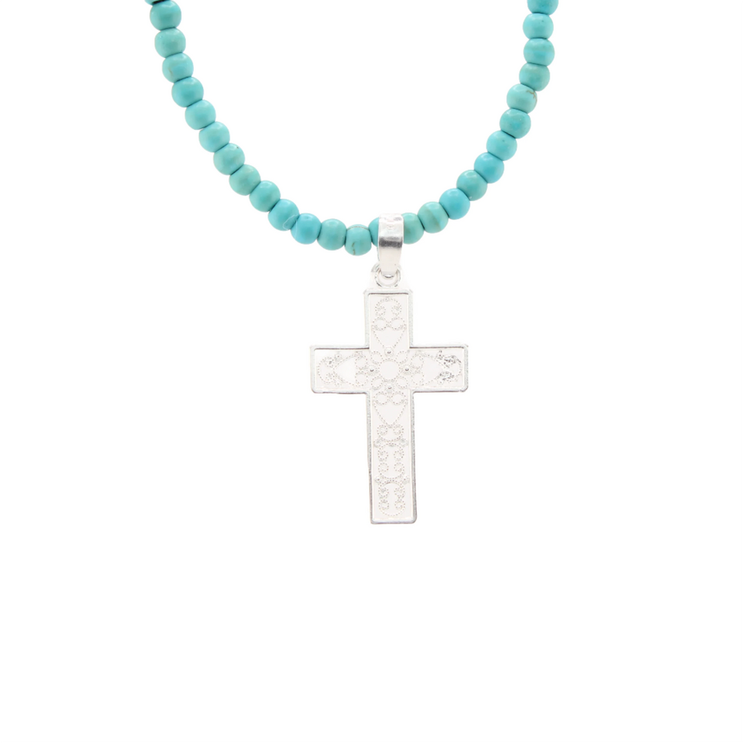 My Faith - Sterling Silver - Filigree Cross Pendant With Turquoise Chain - 16 in.