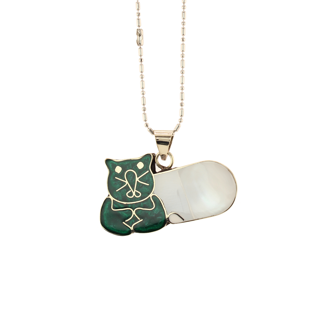 Misifu Cat - Abalone Mother of Pearl - Pendant With Chain - Green