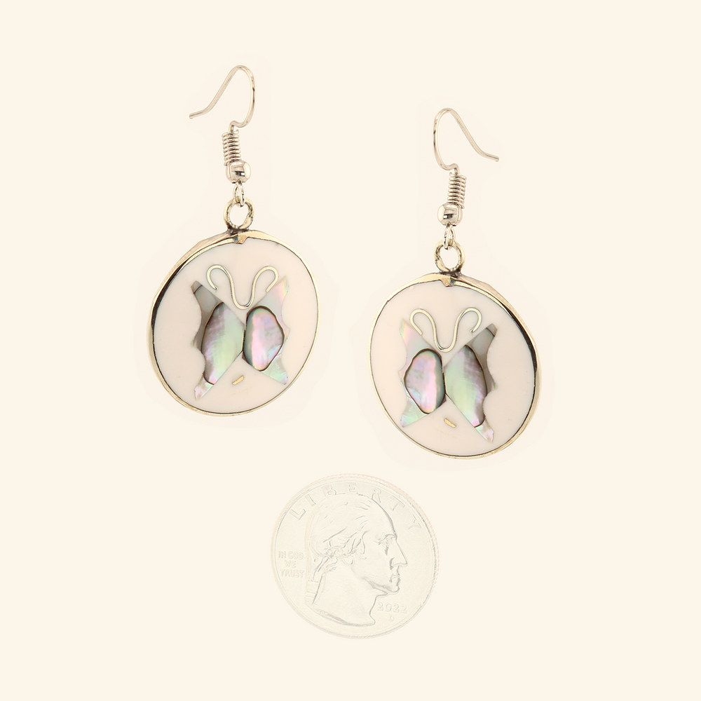 Ocean's Whisper - Butterfly - Abalone Mother of Pearl Dangle Earrings - White - Round - Large