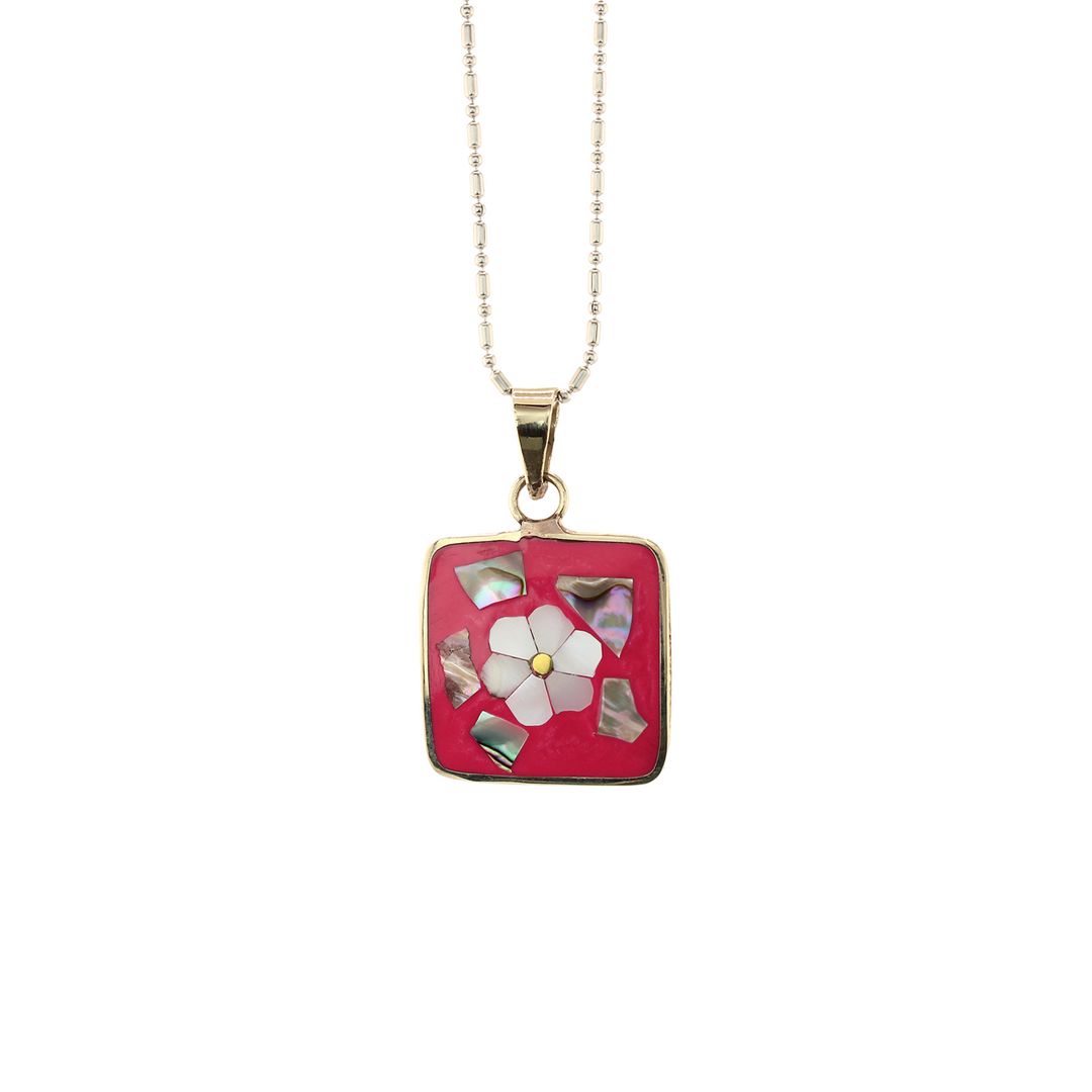 Ocean's Whisper - Square Pendant With Chain - Abalone Mother of Pearl - Hot Pink