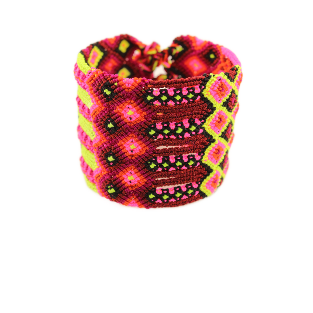 Raíces - Knitted Bracelet - Pink and Yellow - Extra Large - 17 In. x 2 In.