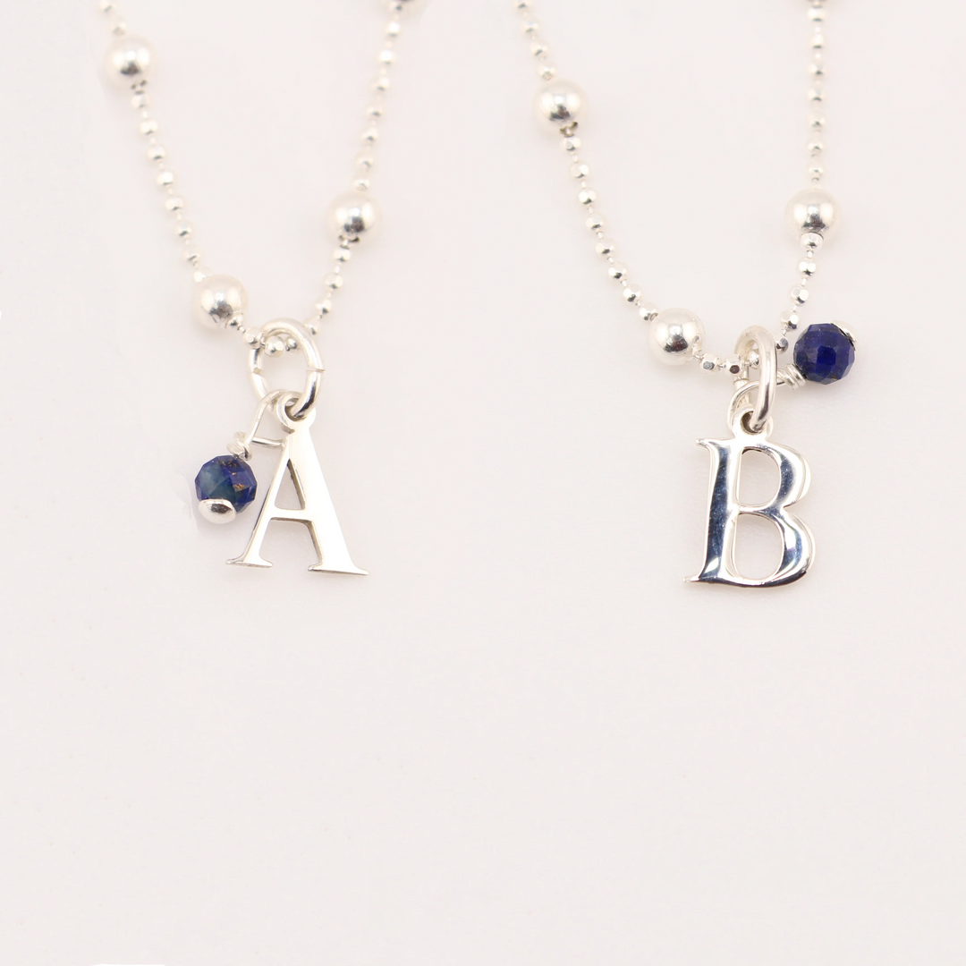 Sterling Silver - Initial Necklace With Lapislazuli Pendant and Chain - 24 in.