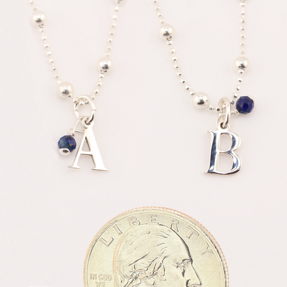 Sterling Silver - Initial Necklace With Lapislazuli Pendant and Chain - 24 in.