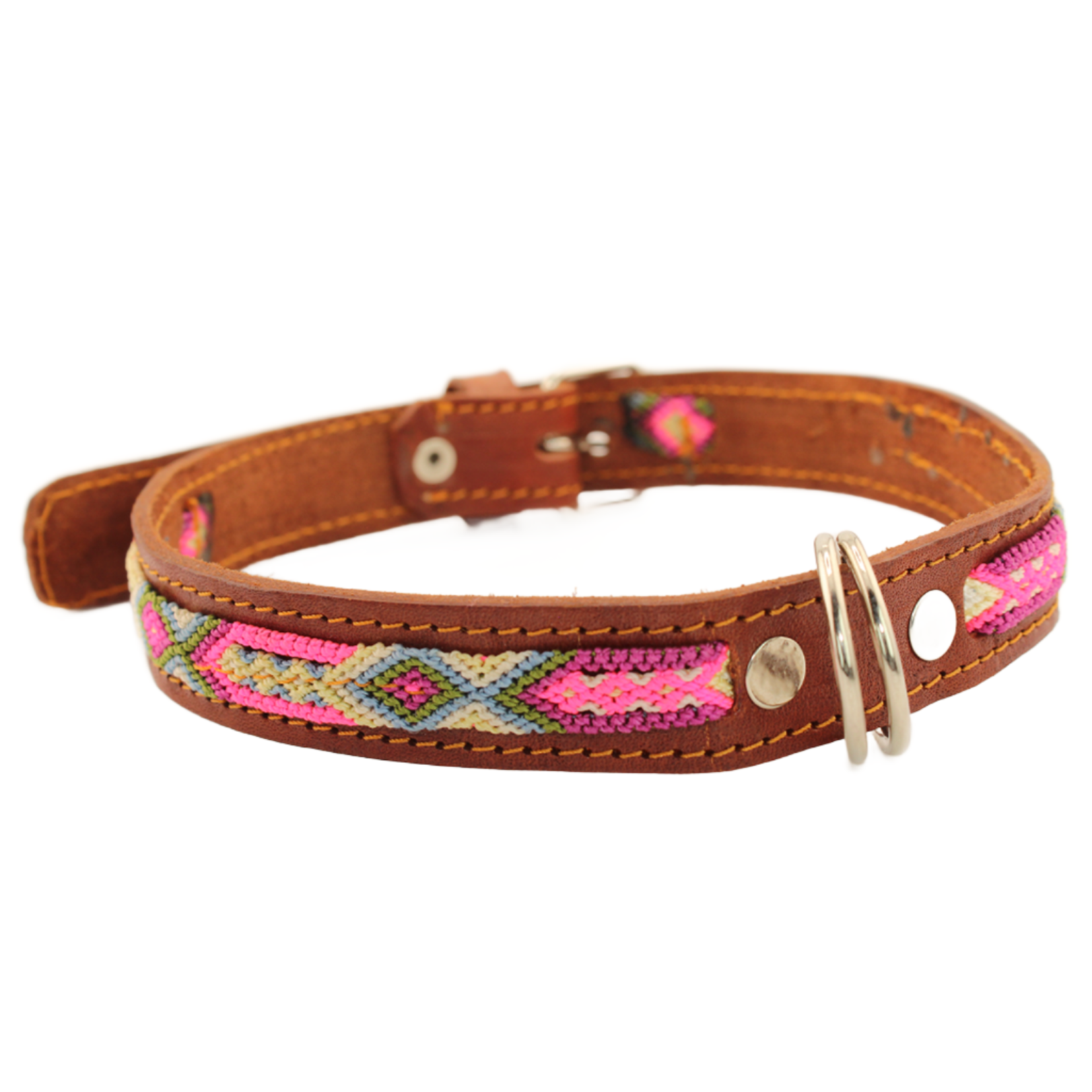 Sweetie - Knitted Leather Dog Collar - Pink and White