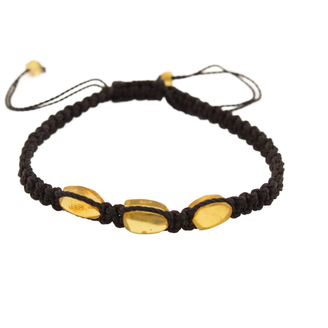 Window To The Past - Three Amber Stones - Knitted Bracelet - Black - 12 In