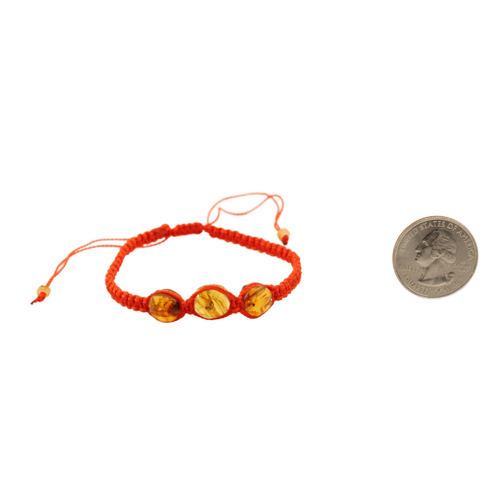 Window To The Past - Three Amber Stones - Knitted Bracelet - Orange - 12 In