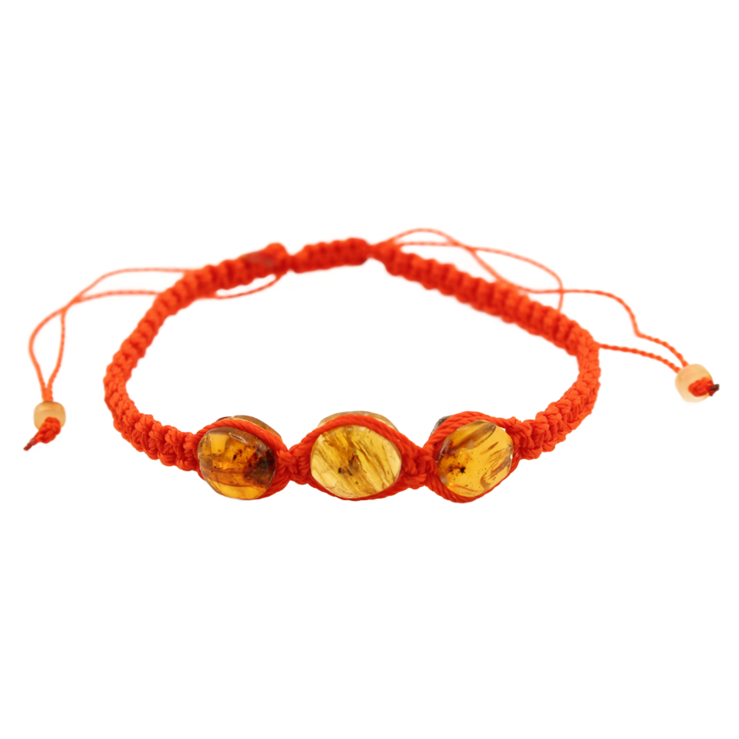 Window To The Past - Three Amber Stones - Knitted Bracelet - Orange - 12 In