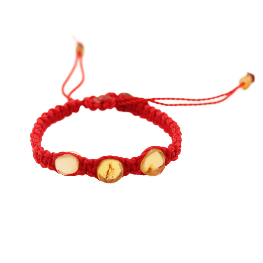 Window To The Past - Three Amber Stones - Knitted Bracelet For Babies - Red
