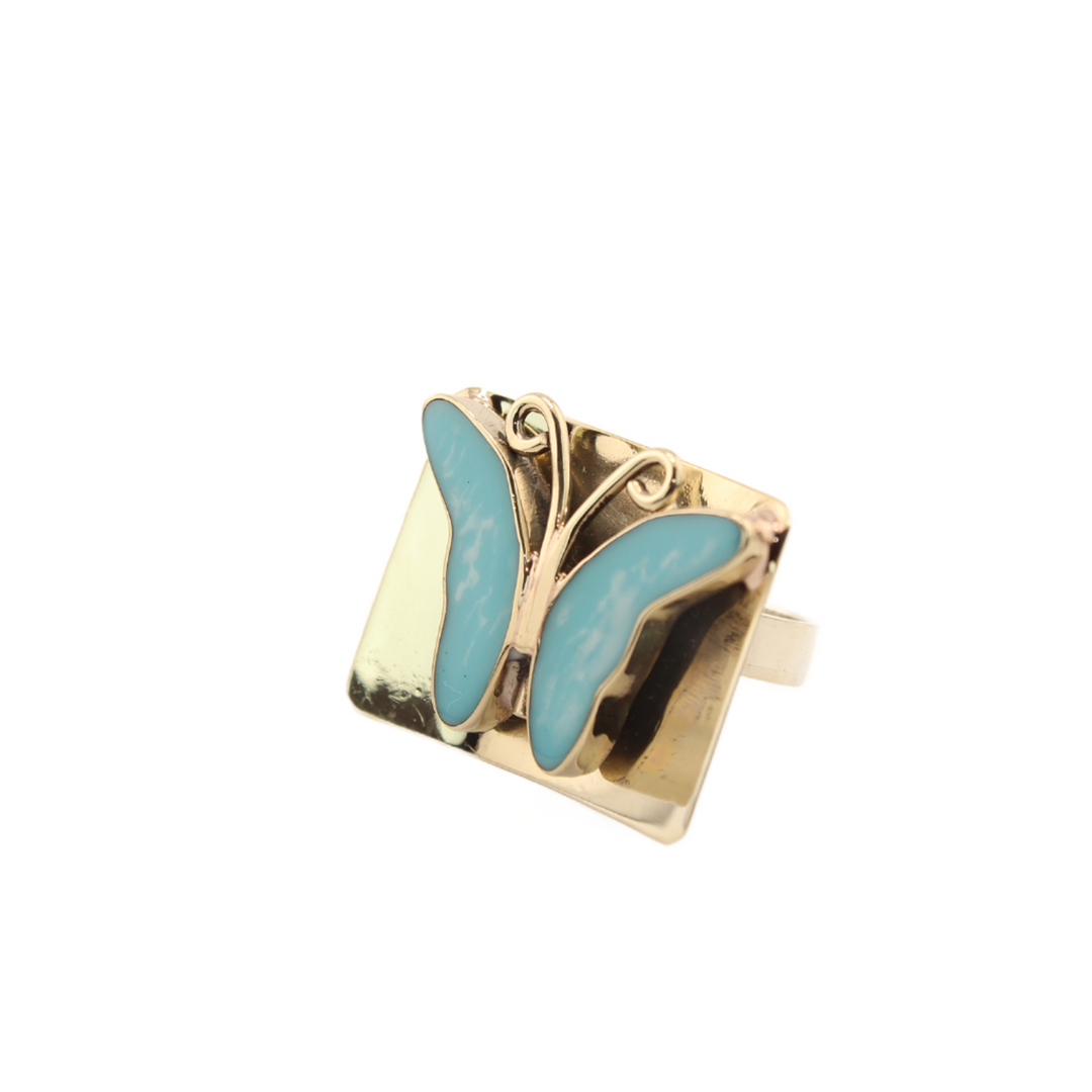 Carlota - Enameled Aqua Butterfly Ring - 1.25 x 1 in. Adjustable